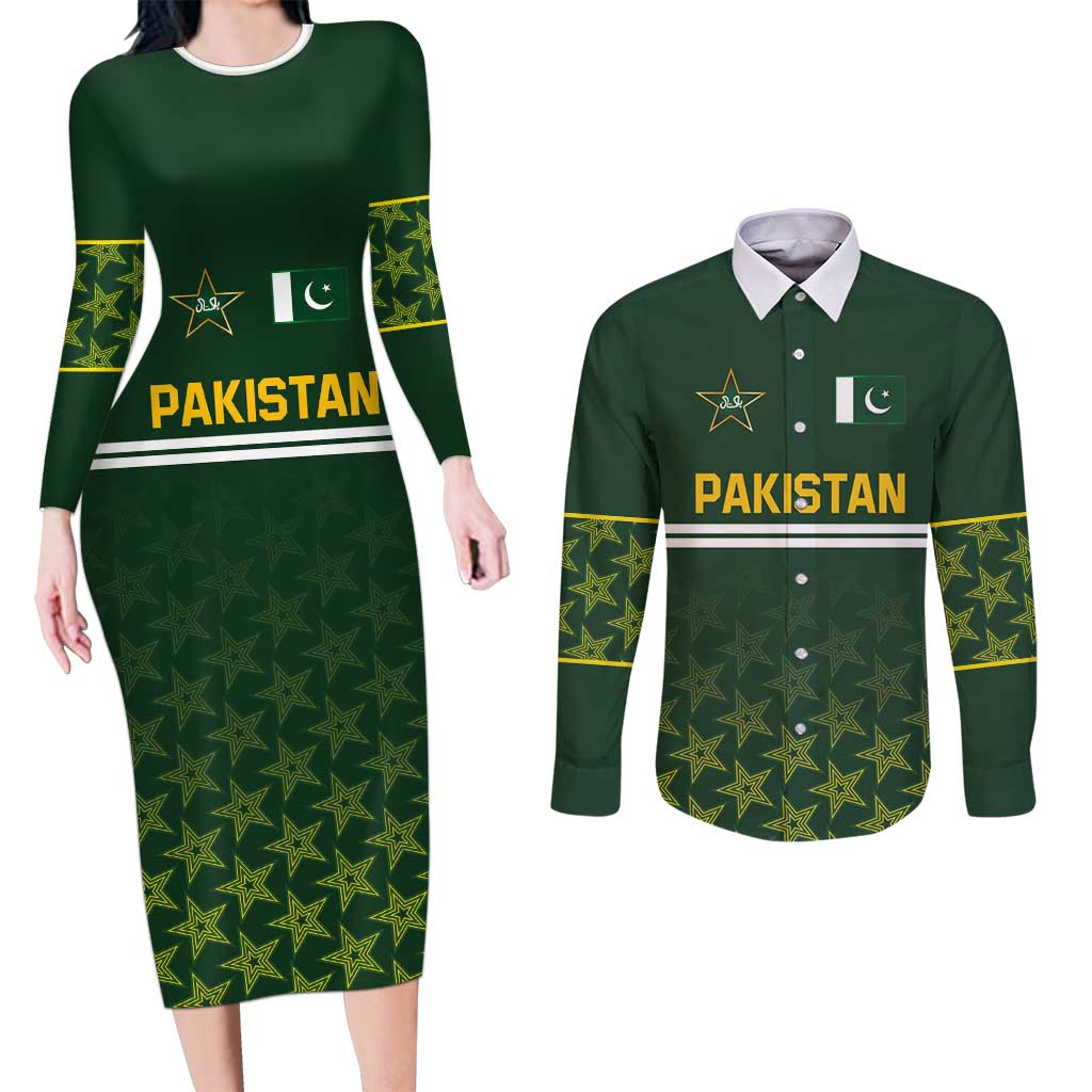 Custom Pakistan Men in Green Cricket-The Super Stars Couples Matching Long Sleeve Bodycon Dress and Long Sleeve Button Shirt