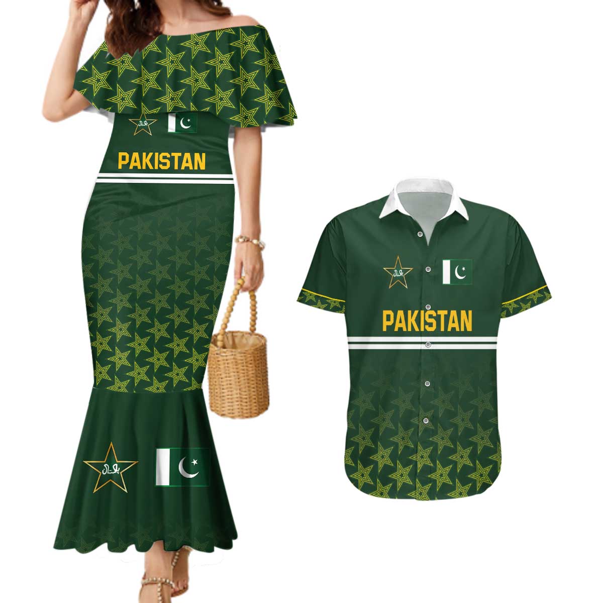 Custom Pakistan Men in Green Cricket-The Super Stars Couples Matching Mermaid Dress and Hawaiian Shirt