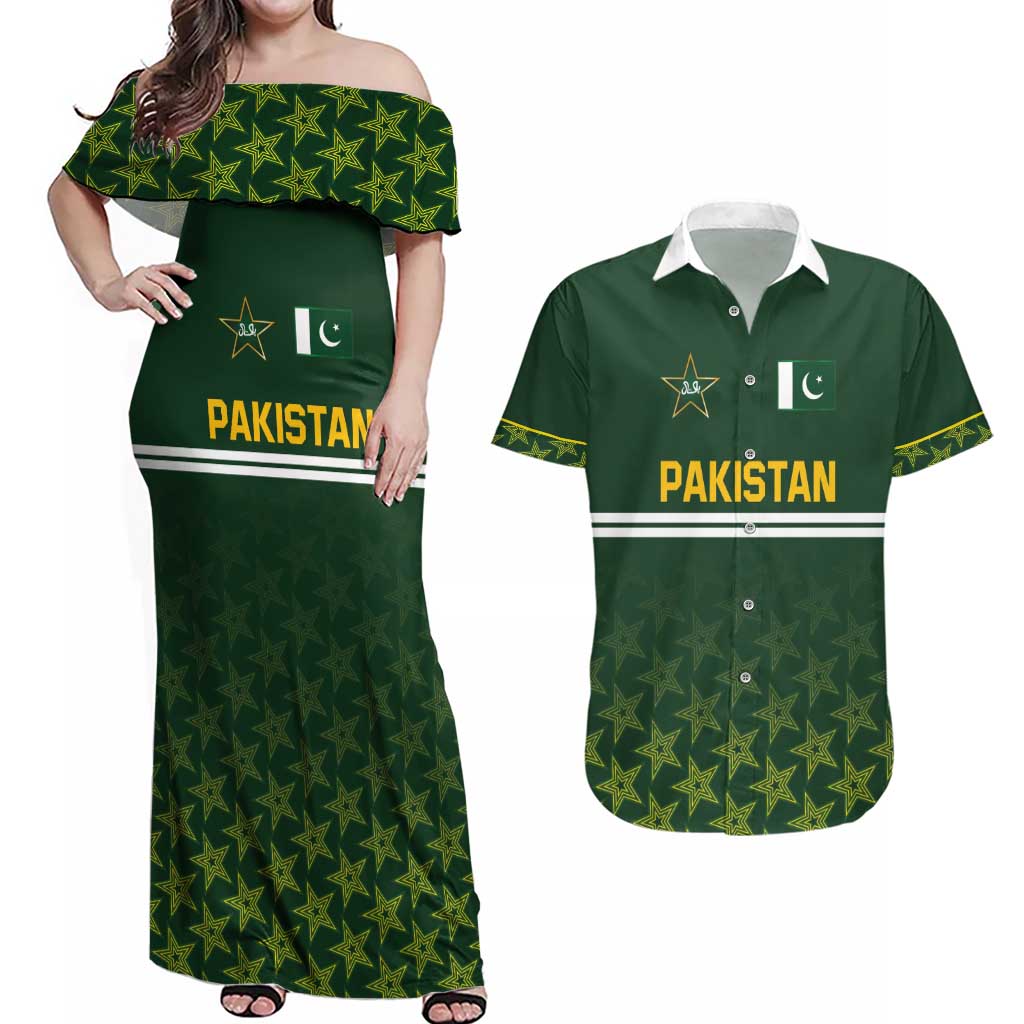 Custom Pakistan Men in Green Cricket-The Super Stars Couples Matching Off Shoulder Maxi Dress and Hawaiian Shirt