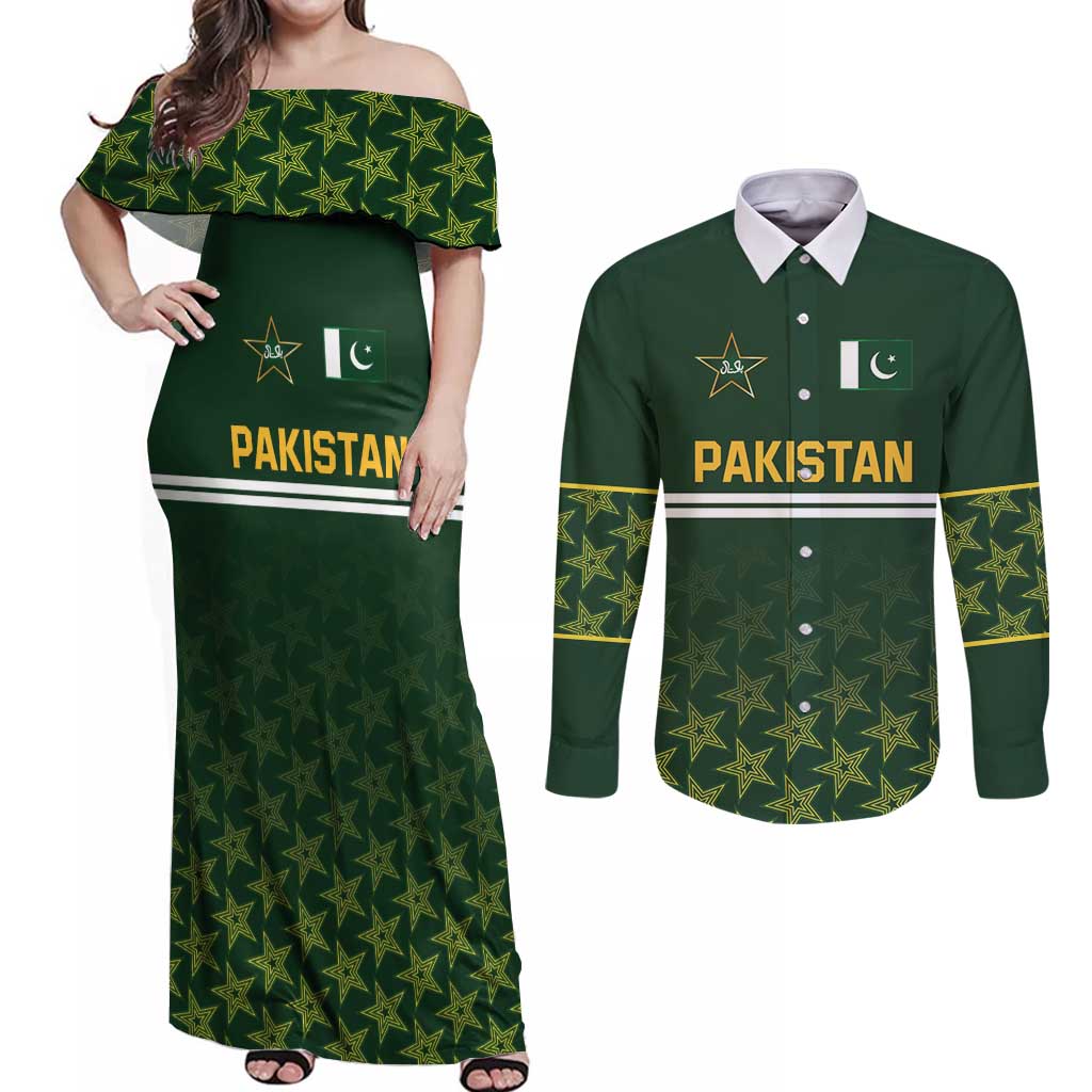 Custom Pakistan Men in Green Cricket-The Super Stars Couples Matching Off Shoulder Maxi Dress and Long Sleeve Button Shirt