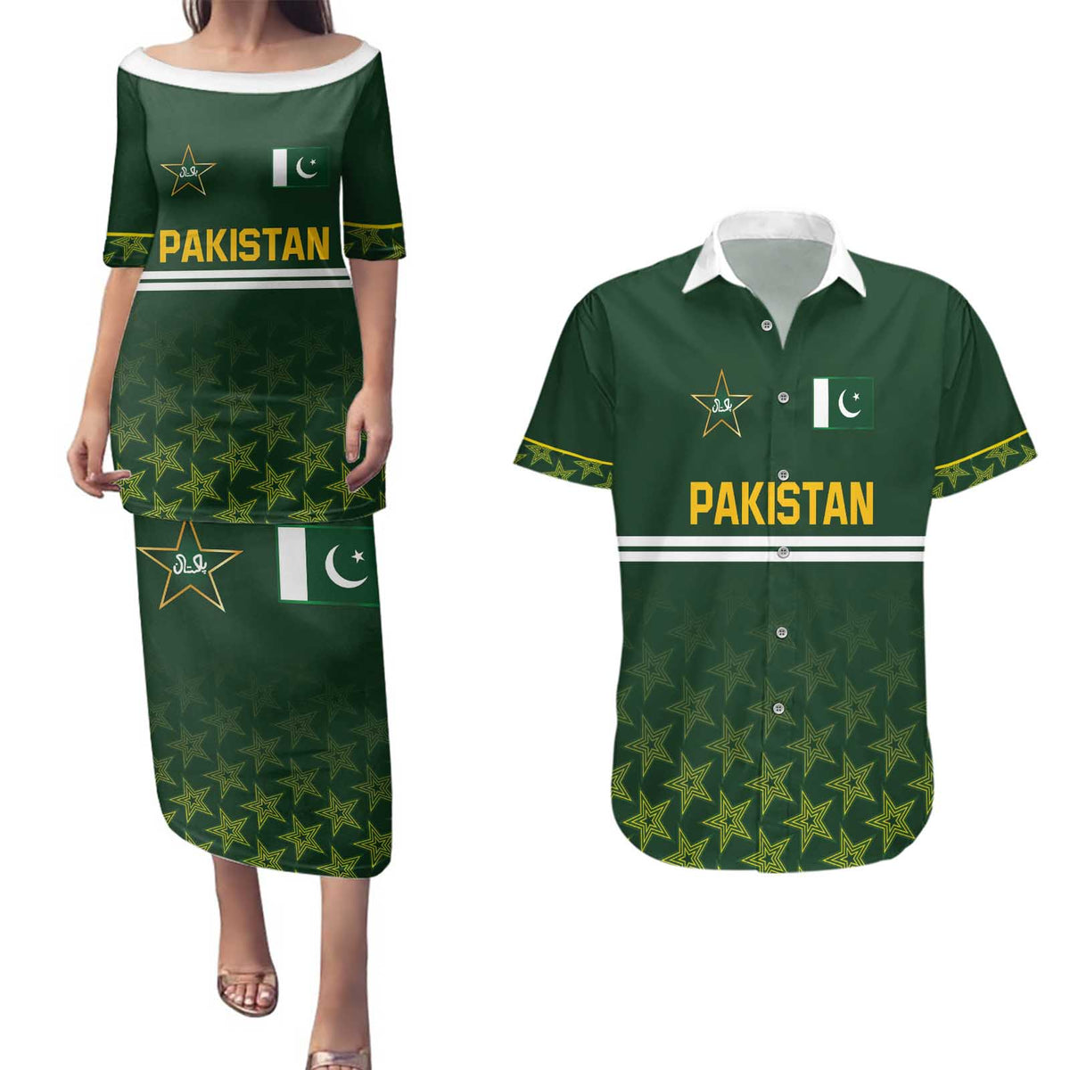 Custom Pakistan Men in Green Cricket-The Super Stars Couples Matching Puletasi and Hawaiian Shirt