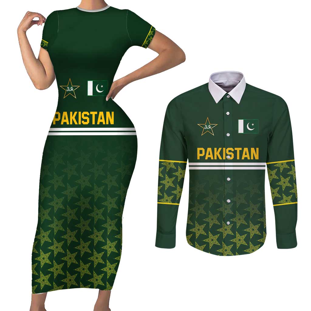 Custom Pakistan Men in Green Cricket-The Super Stars Couples Matching Short Sleeve Bodycon Dress and Long Sleeve Button Shirt