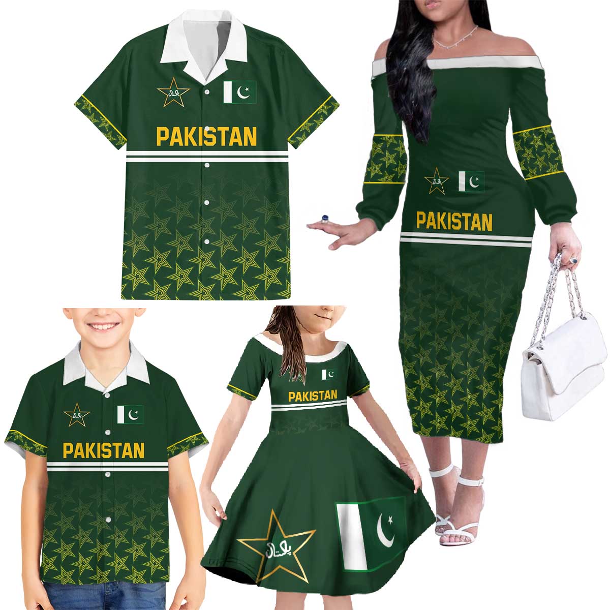 Custom Pakistan Men in Green Cricket-The Super Stars Family Matching Off The Shoulder Long Sleeve Dress and Hawaiian Shirt