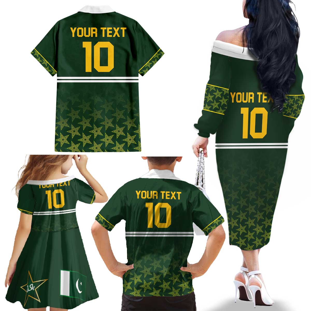 Custom Pakistan Men in Green Cricket-The Super Stars Family Matching Off The Shoulder Long Sleeve Dress and Hawaiian Shirt