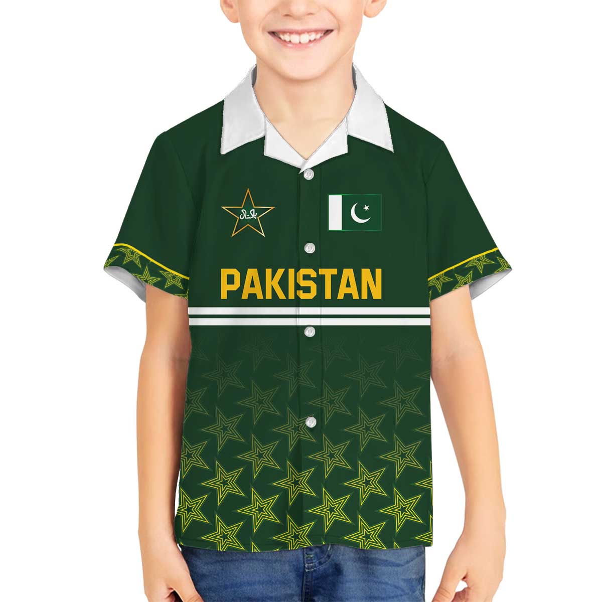 Custom Pakistan Men in Green Cricket-The Super Stars Family Matching Off The Shoulder Long Sleeve Dress and Hawaiian Shirt