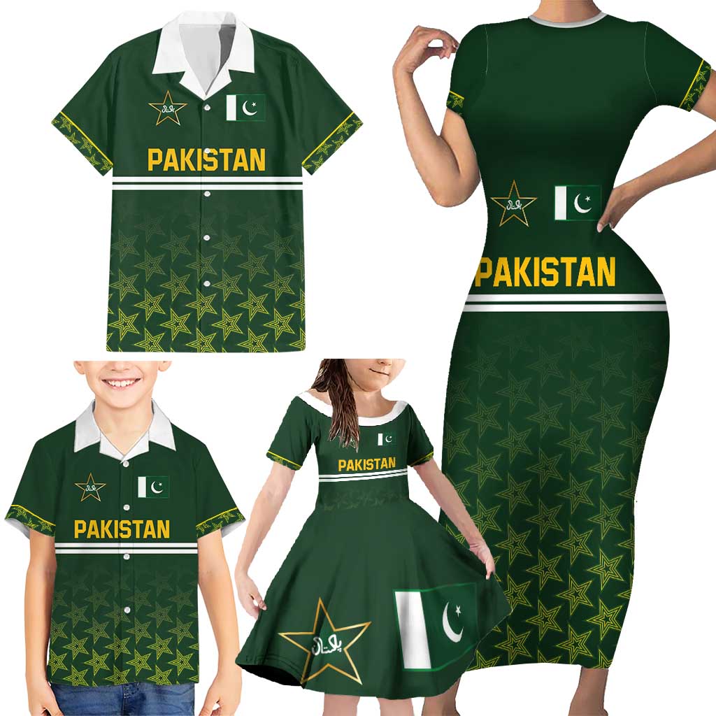 Custom Pakistan Men in Green Cricket-The Super Stars Family Matching Short Sleeve Bodycon Dress and Hawaiian Shirt