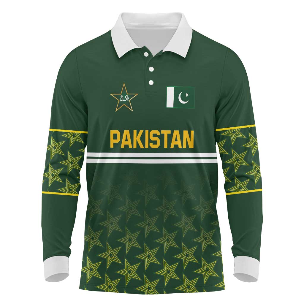 Custom Pakistan Men in Green Cricket-The Super Stars Long Sleeve Polo Shirt