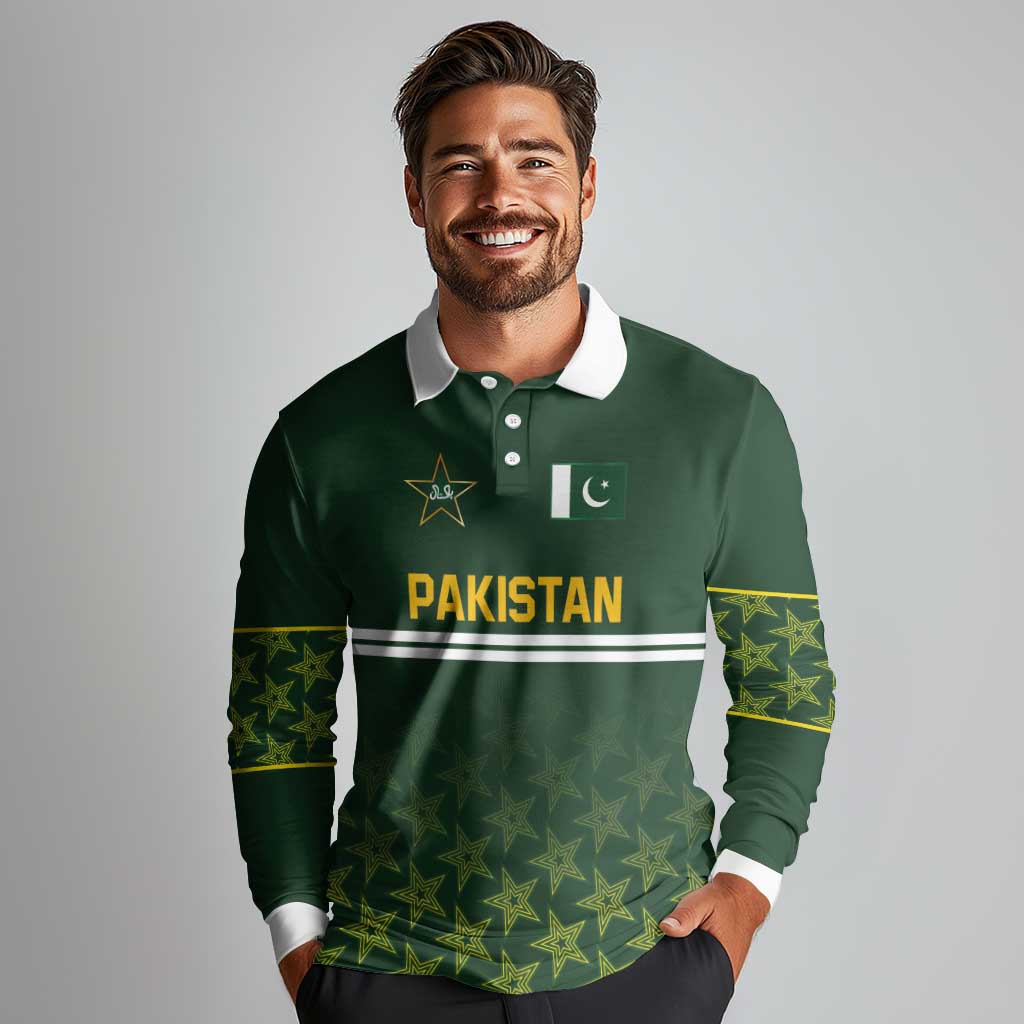Custom Pakistan Men in Green Cricket-The Super Stars Long Sleeve Polo Shirt
