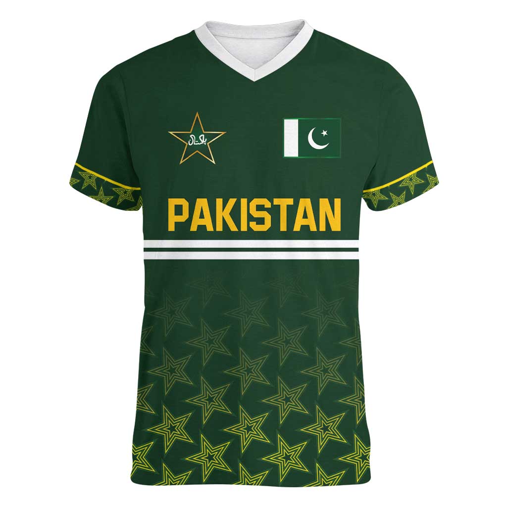 Custom Pakistan Men in Green Cricket-The Super Stars Women V-Neck T-Shirt