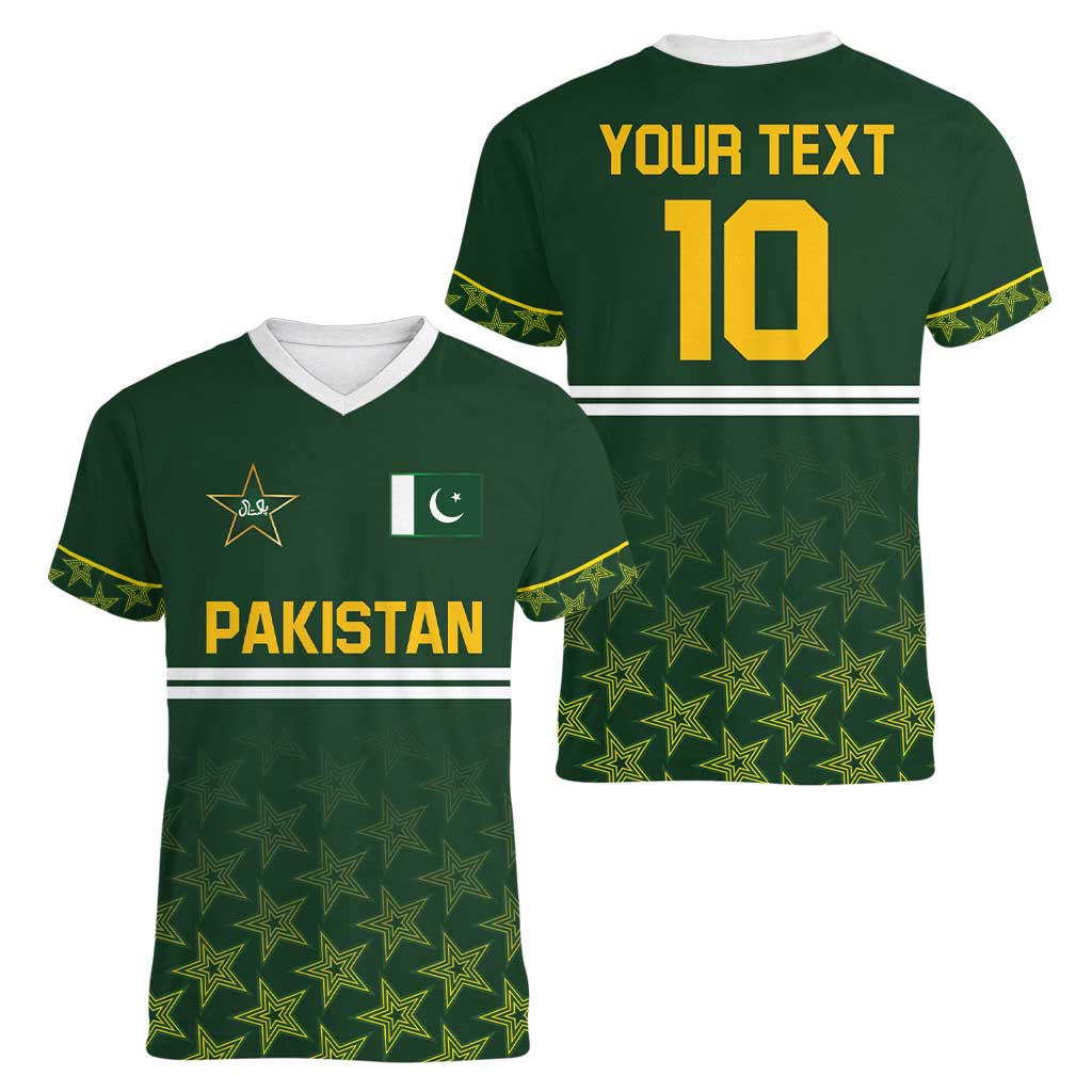 Custom Pakistan Men in Green Cricket-The Super Stars Women V-Neck T-Shirt