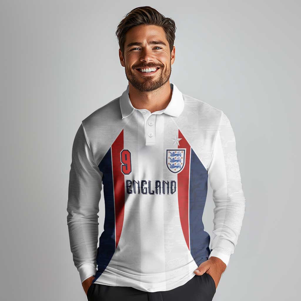 Custom England Football Long Sleeve Polo Shirt Retro-Modern Combination Style