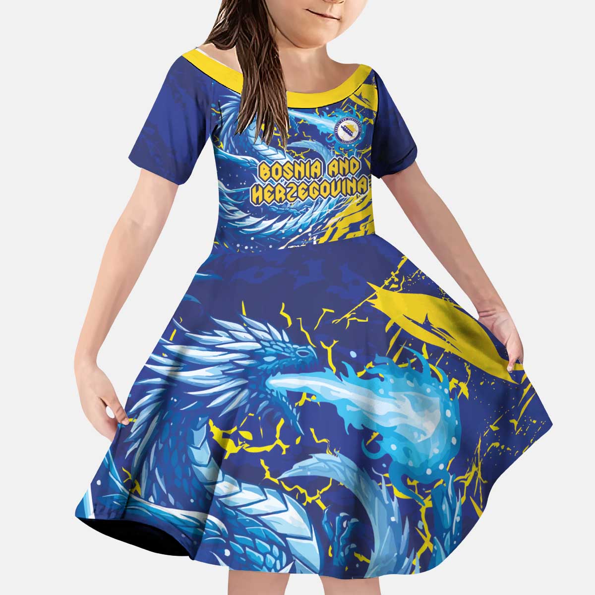 Custom Bosnia and Herzegovina Football Kid Short Sleeve Dress Zmajevi Mascot Sporty Style