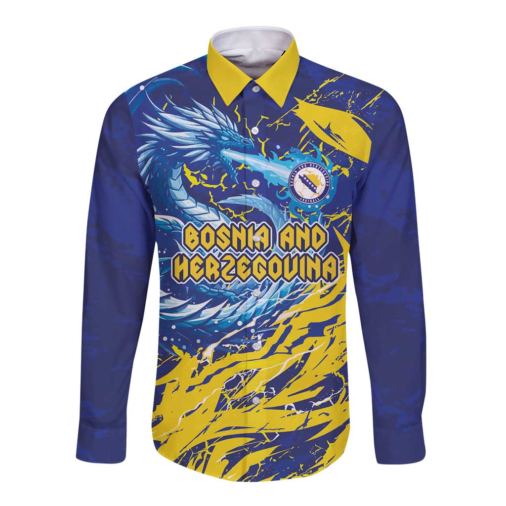 Custom Bosnia and Herzegovina Football Long Sleeve Button Shirt Zmajevi Mascot Sporty Style