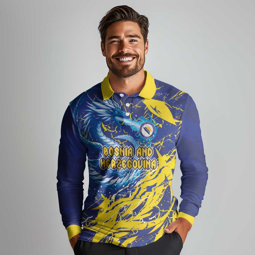 Custom Bosnia and Herzegovina Football Long Sleeve Polo Shirt Zmajevi Mascot Sporty Style