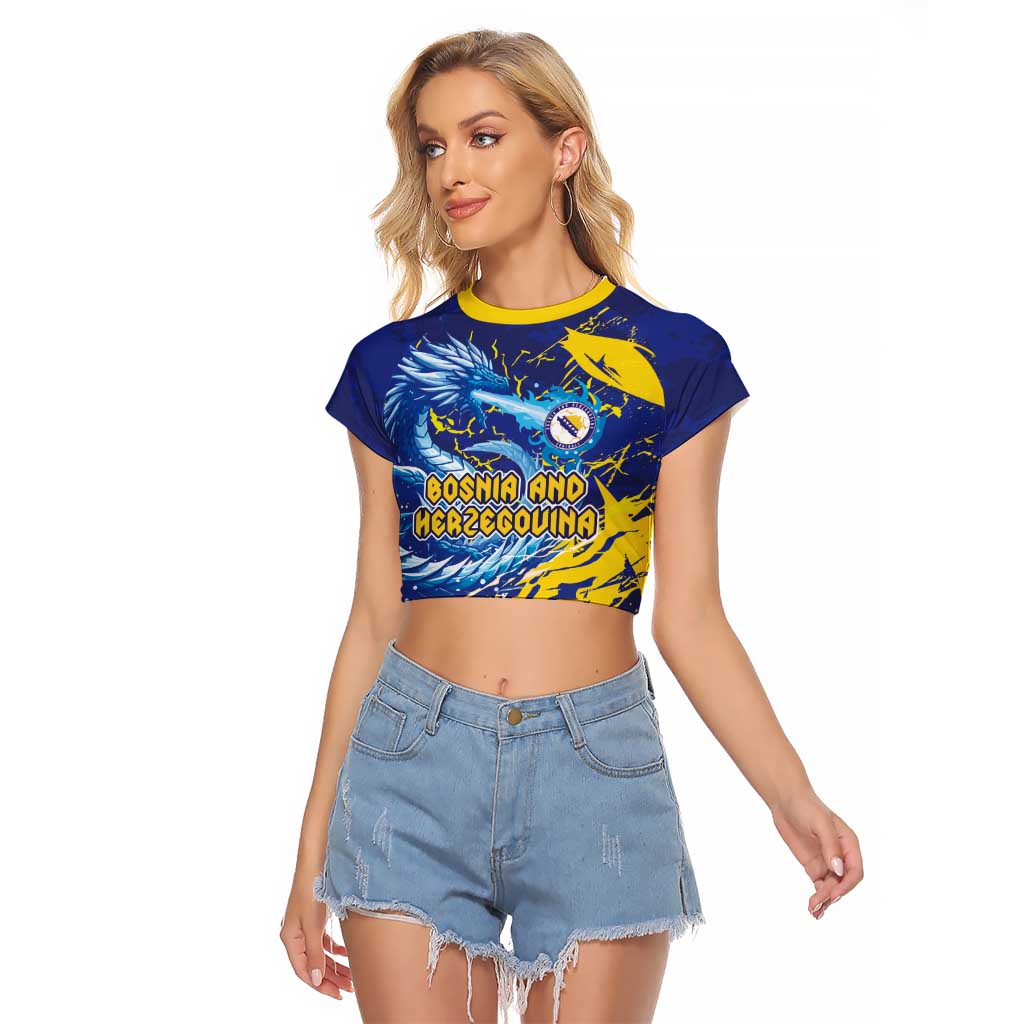 Custom Bosnia and Herzegovina Football Raglan Cropped T Shirt Zmajevi Mascot Sporty Style