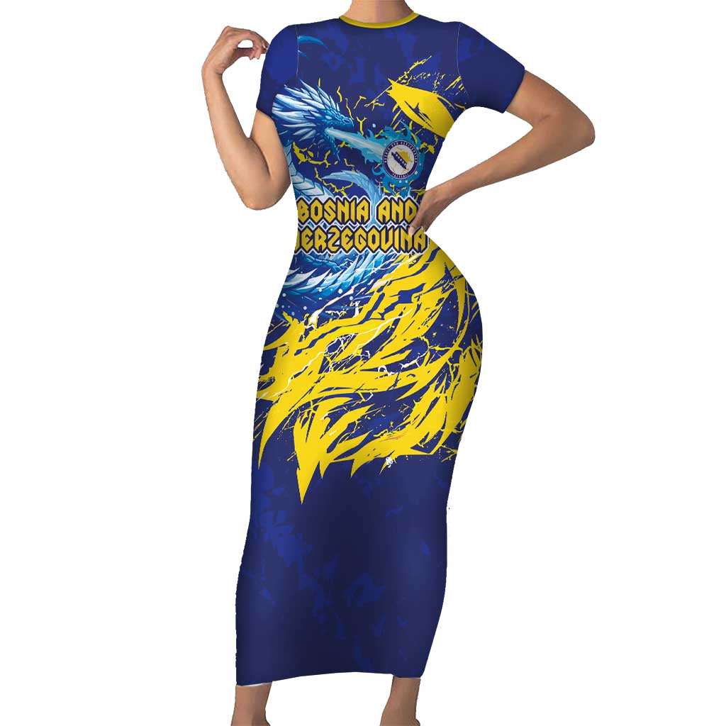 Custom Bosnia and Herzegovina Football Short Sleeve Bodycon Dress Zmajevi Mascot Sporty Style