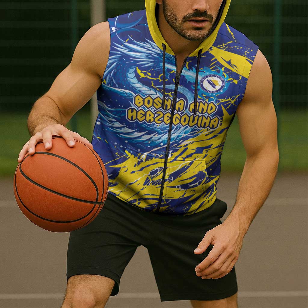 Custom Bosnia and Herzegovina Football Sleeveless Zip Hoodie Zmajevi Mascot Sporty Style