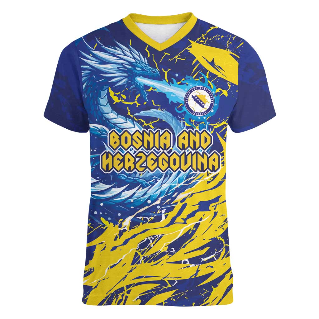 Custom Bosnia and Herzegovina Football Women V-Neck T-Shirt Zmajevi Mascot Sporty Style