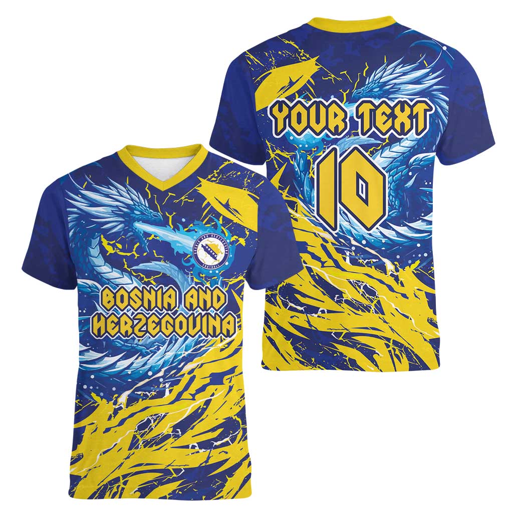 Custom Bosnia and Herzegovina Football Women V-Neck T-Shirt Zmajevi Mascot Sporty Style
