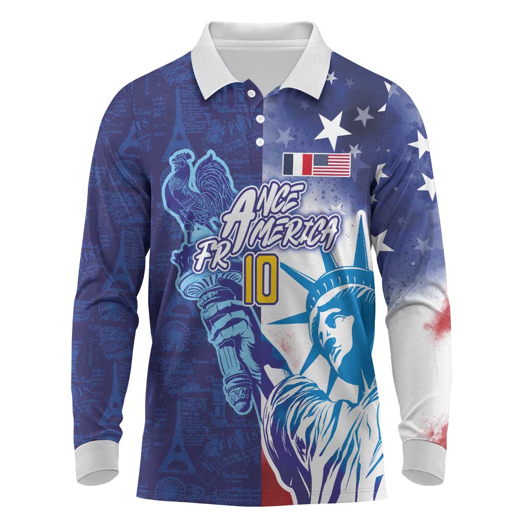 Custom France America Soccer Long Sleeve Polo Shirt Dual Heritage Liberty Rooster
