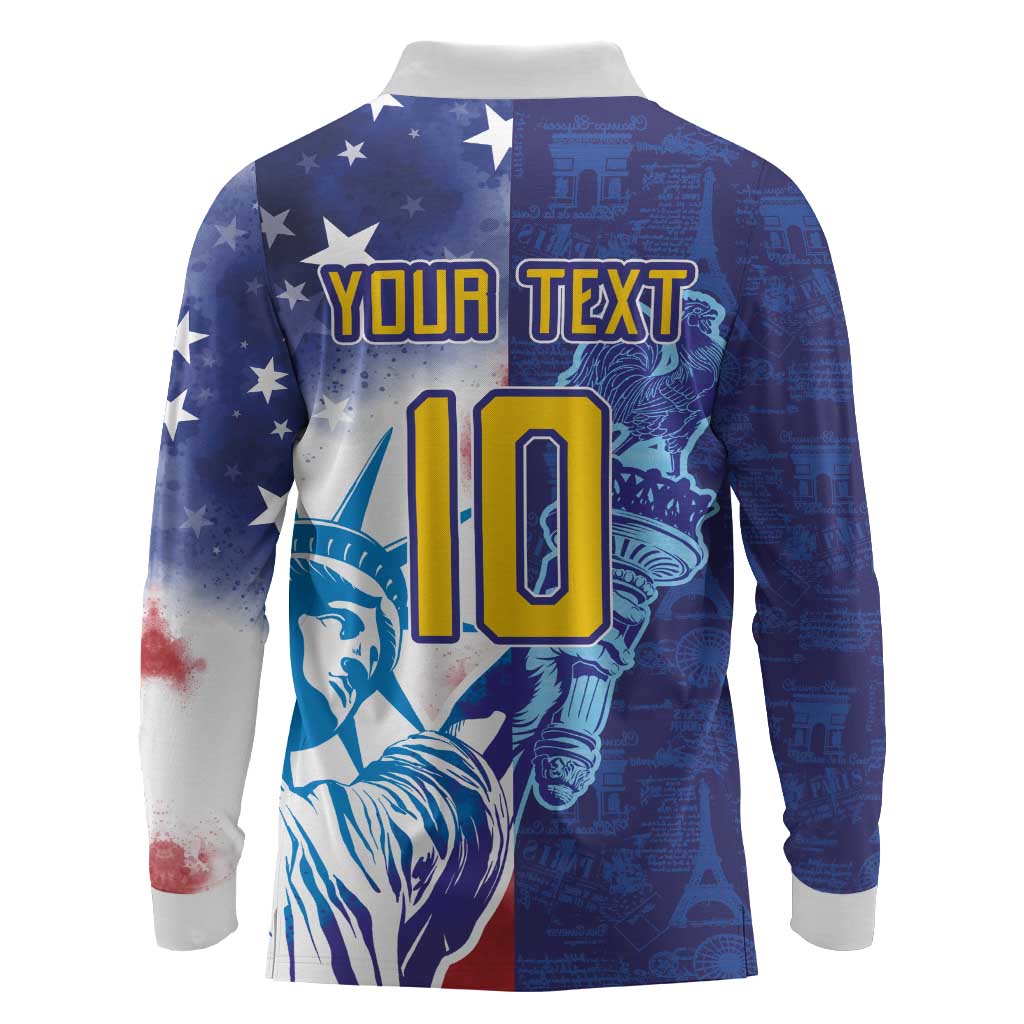 Custom France America Soccer Long Sleeve Polo Shirt Dual Heritage Liberty Rooster