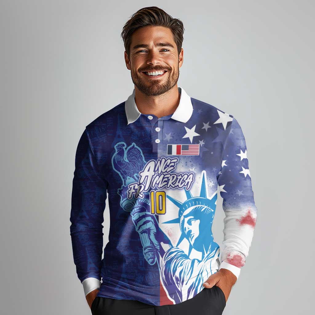 Custom France America Soccer Long Sleeve Polo Shirt Dual Heritage Liberty Rooster
