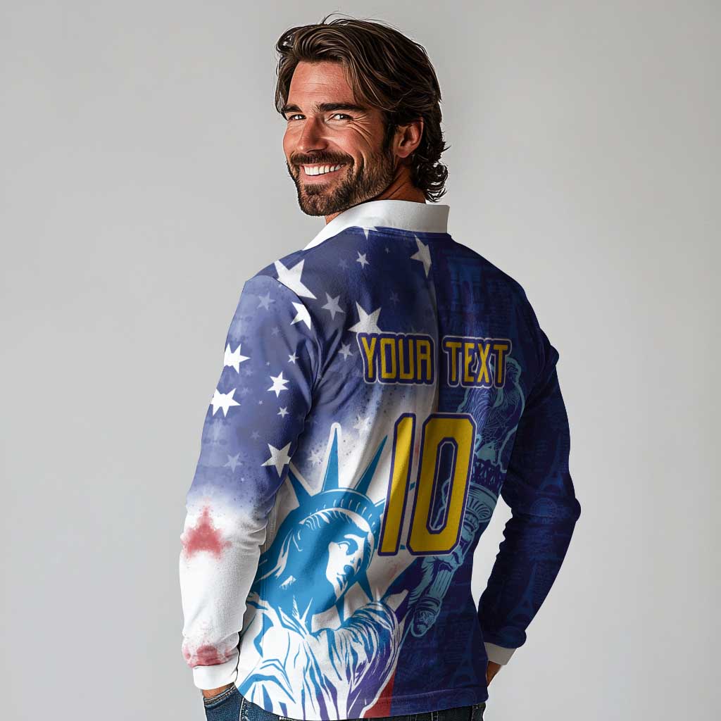 Custom France America Soccer Long Sleeve Polo Shirt Dual Heritage Liberty Rooster