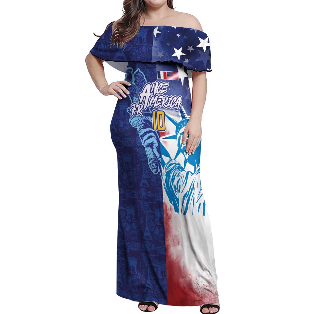 Custom France America Soccer Off Shoulder Maxi Dress Dual Heritage Liberty Rooster