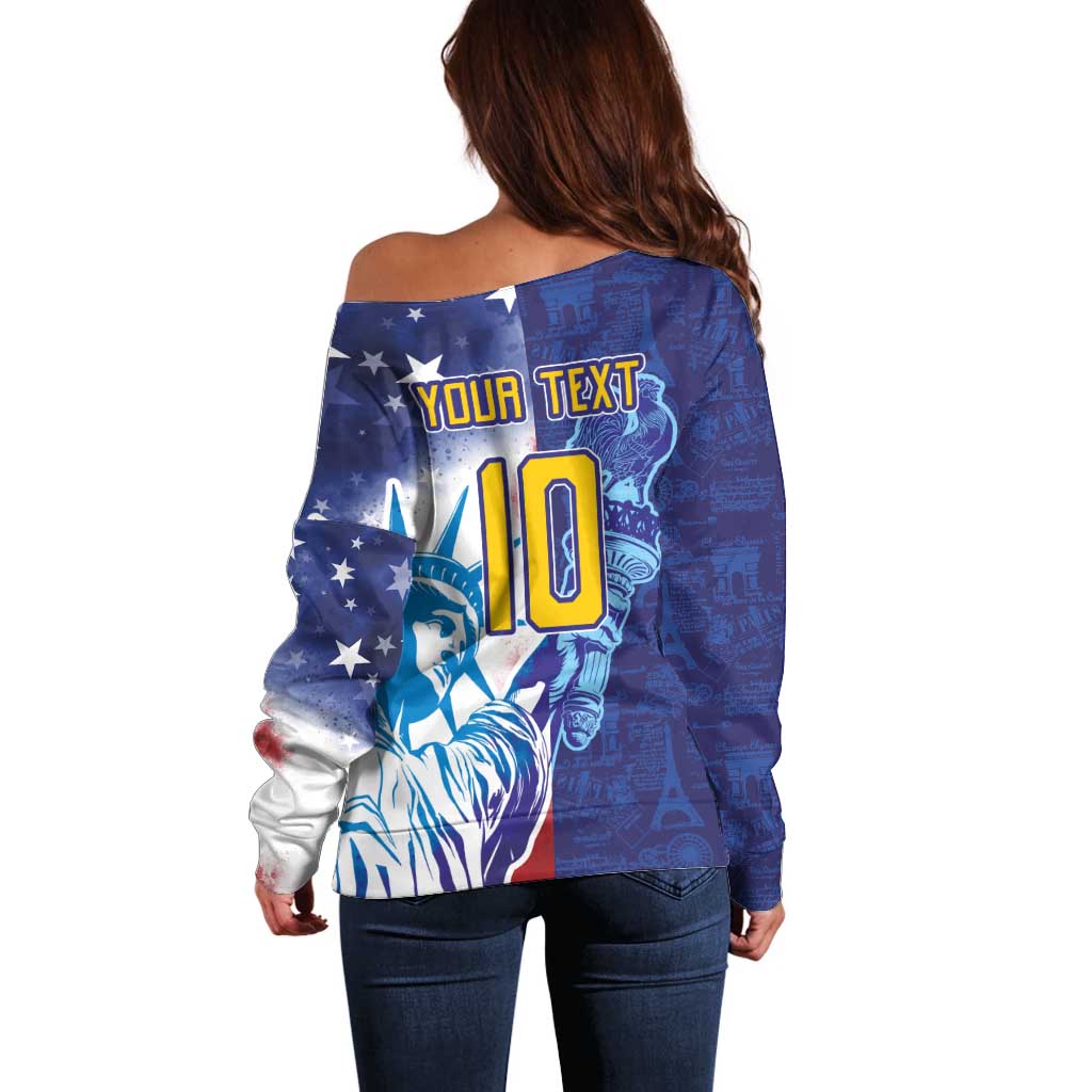 Custom France America Soccer Off Shoulder Sweater Dual Heritage Liberty Rooster