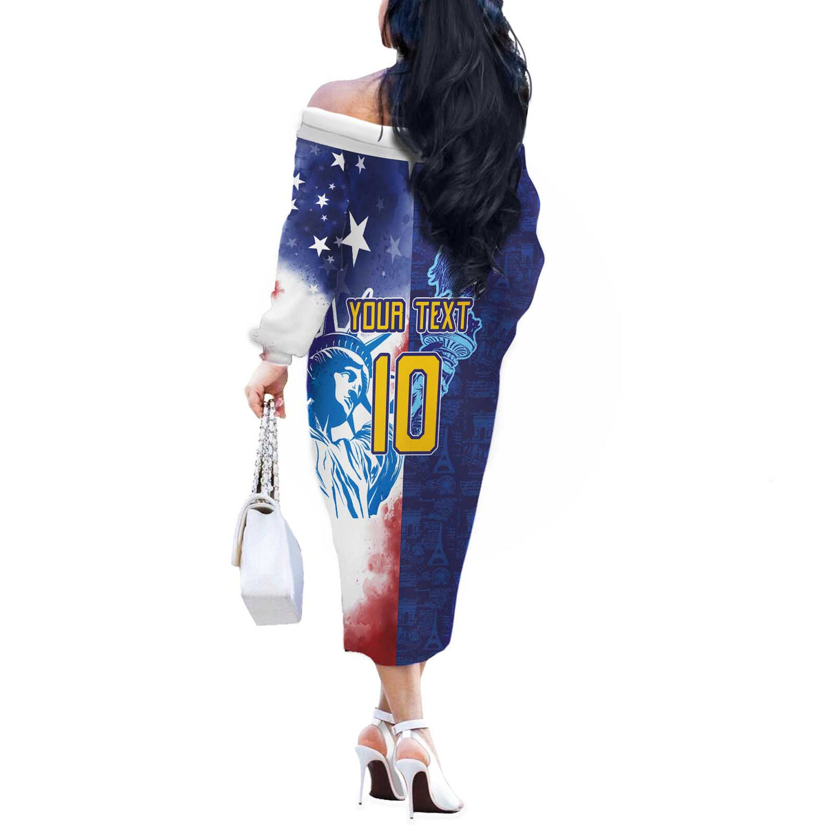 Custom France America Soccer Off The Shoulder Long Sleeve Dress Dual Heritage Liberty Rooster