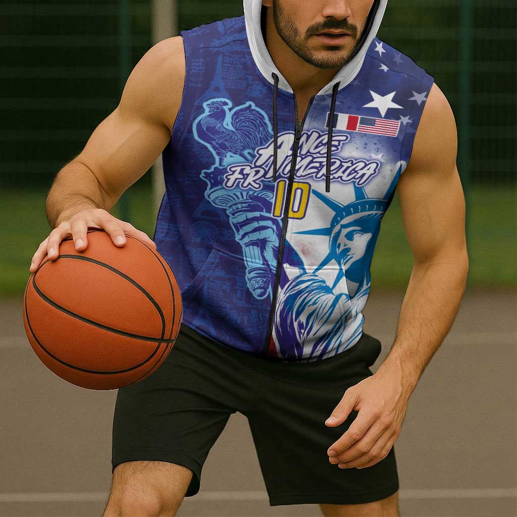 Custom France America Soccer Sleeveless Zip Hoodie Dual Heritage Liberty Rooster