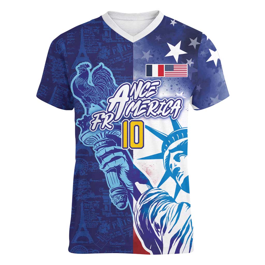 Custom France America Soccer Women V-Neck T-Shirt Dual Heritage Liberty Rooster