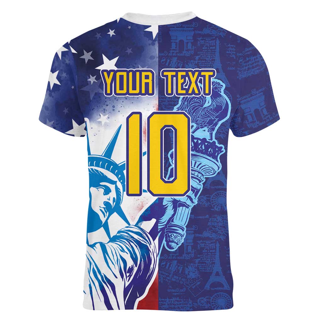 Custom France America Soccer Women V-Neck T-Shirt Dual Heritage Liberty Rooster