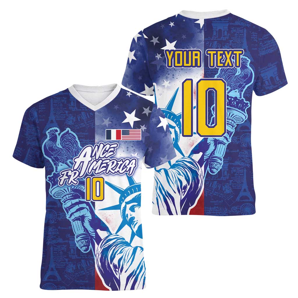 Custom France America Soccer Women V-Neck T-Shirt Dual Heritage Liberty Rooster