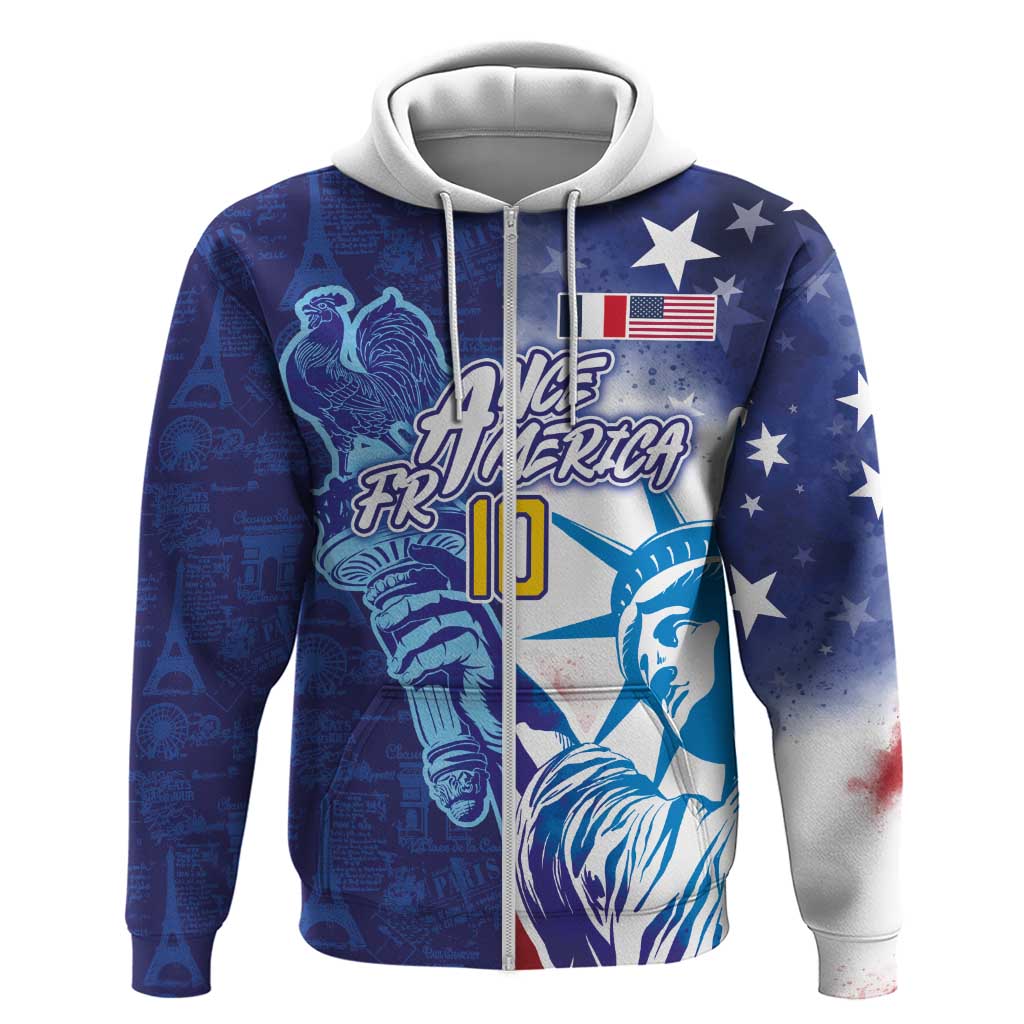 Custom France America Soccer Zip Hoodie Dual Heritage Liberty Rooster