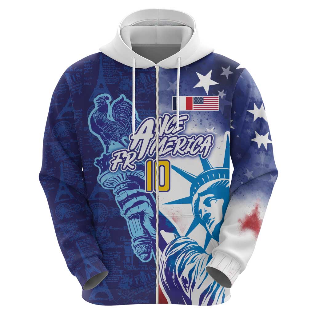 Custom France America Soccer Zip Hoodie Dual Heritage Liberty Rooster