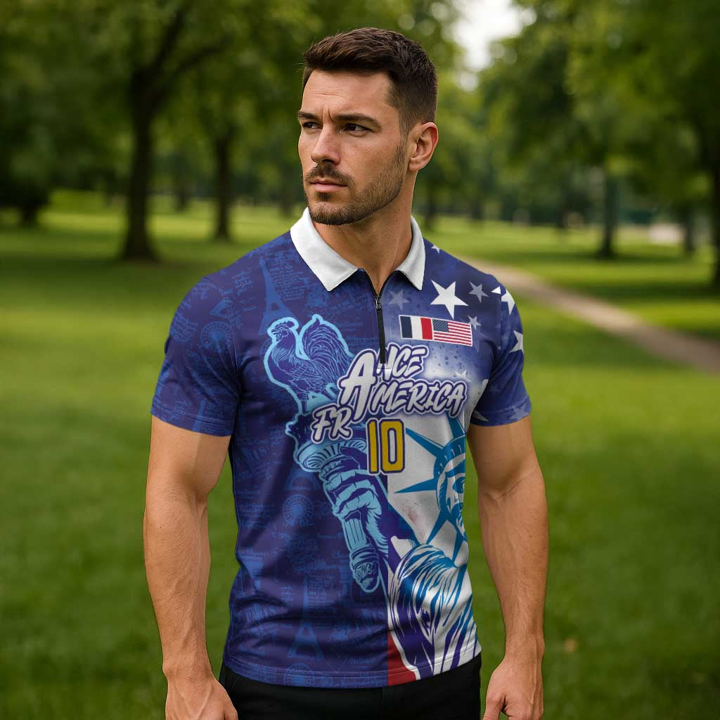 Custom France America Soccer Zipper Polo Shirt Dual Heritage Liberty Rooster