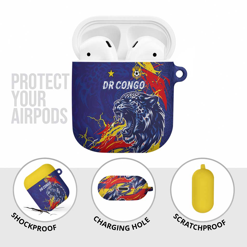 DR Congo Football Leopard Mascot AirPods Case Fierce Leopard Art National Flag Colors
