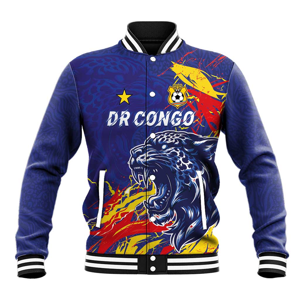 Custom DR Congo Football Leopard Mascot Baseball Jacket Fierce Leopard Art National Flag Colors