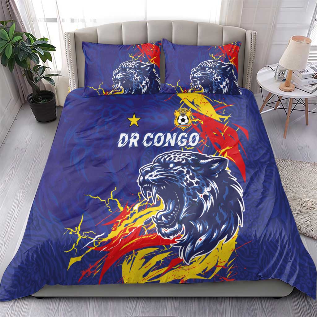 DR Congo Football Leopard Mascot Bedding Set Fierce Leopard Art National Flag Colors