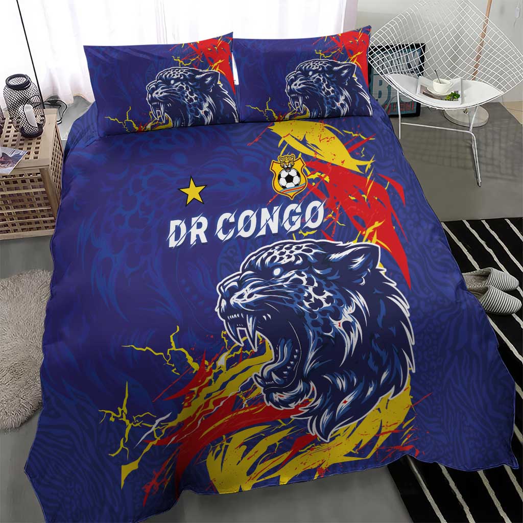 DR Congo Football Leopard Mascot Bedding Set Fierce Leopard Art National Flag Colors