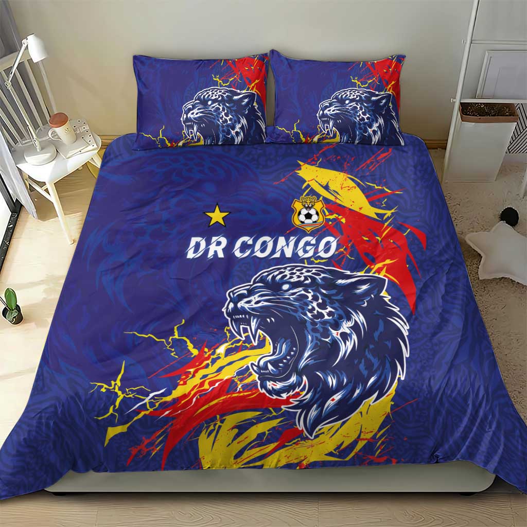 DR Congo Football Leopard Mascot Bedding Set Fierce Leopard Art National Flag Colors