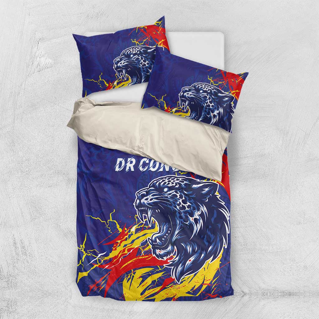 DR Congo Football Leopard Mascot Bedding Set Fierce Leopard Art National Flag Colors