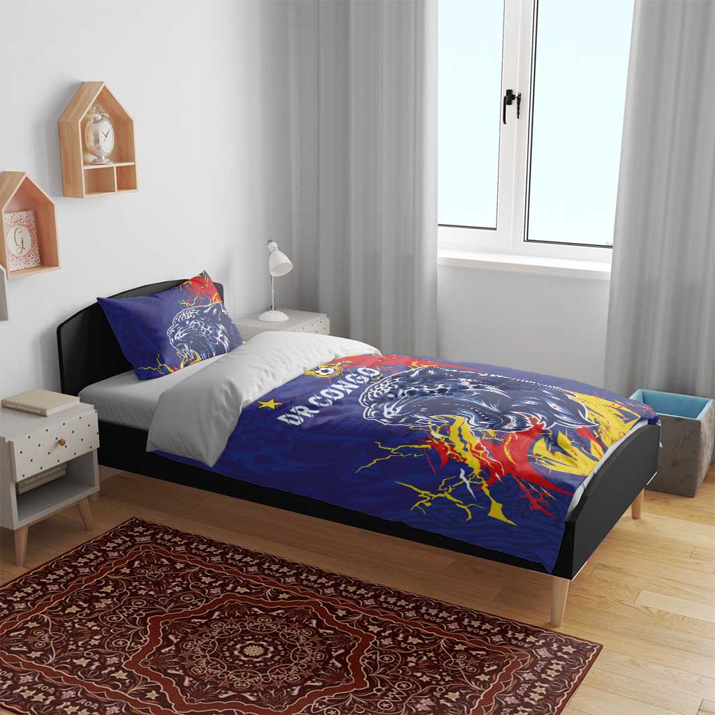 DR Congo Football Leopard Mascot Bedding Set Fierce Leopard Art National Flag Colors