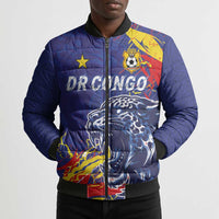 Custom DR Congo Football Leopard Mascot Bomber Puffer Jacket Fierce Leopard Art National Flag Colors