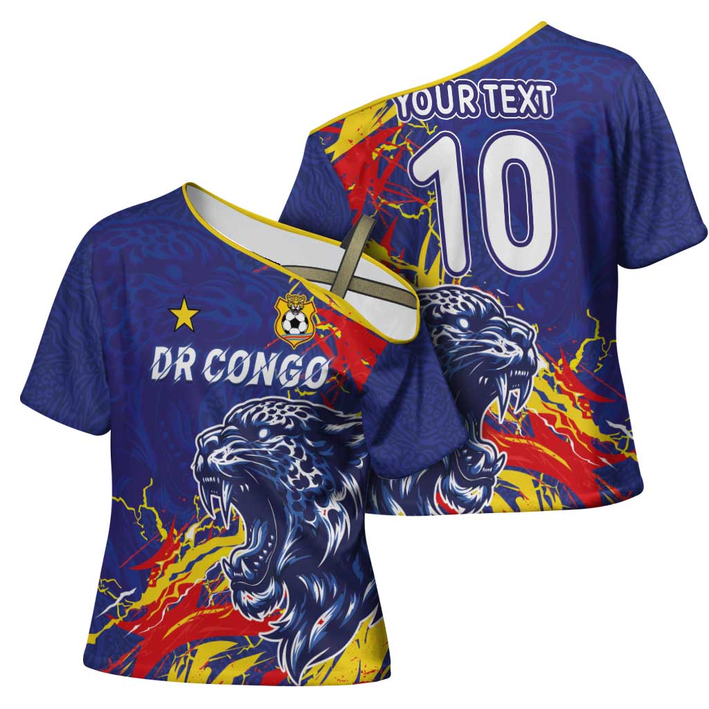 Custom DR Congo Football Leopard Mascot Cross Shoulder Shirt Fierce Leopard Art National Flag Colors
