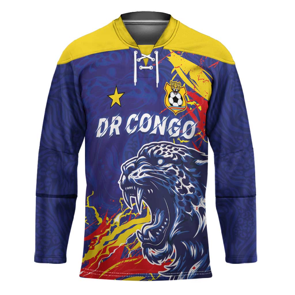 Custom DR Congo Football Leopard Mascot Hockey Jersey Fierce Leopard Art National Flag Colors