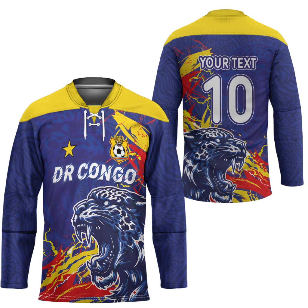 Custom DR Congo Football Leopard Mascot Hockey Jersey Fierce Leopard Art National Flag Colors