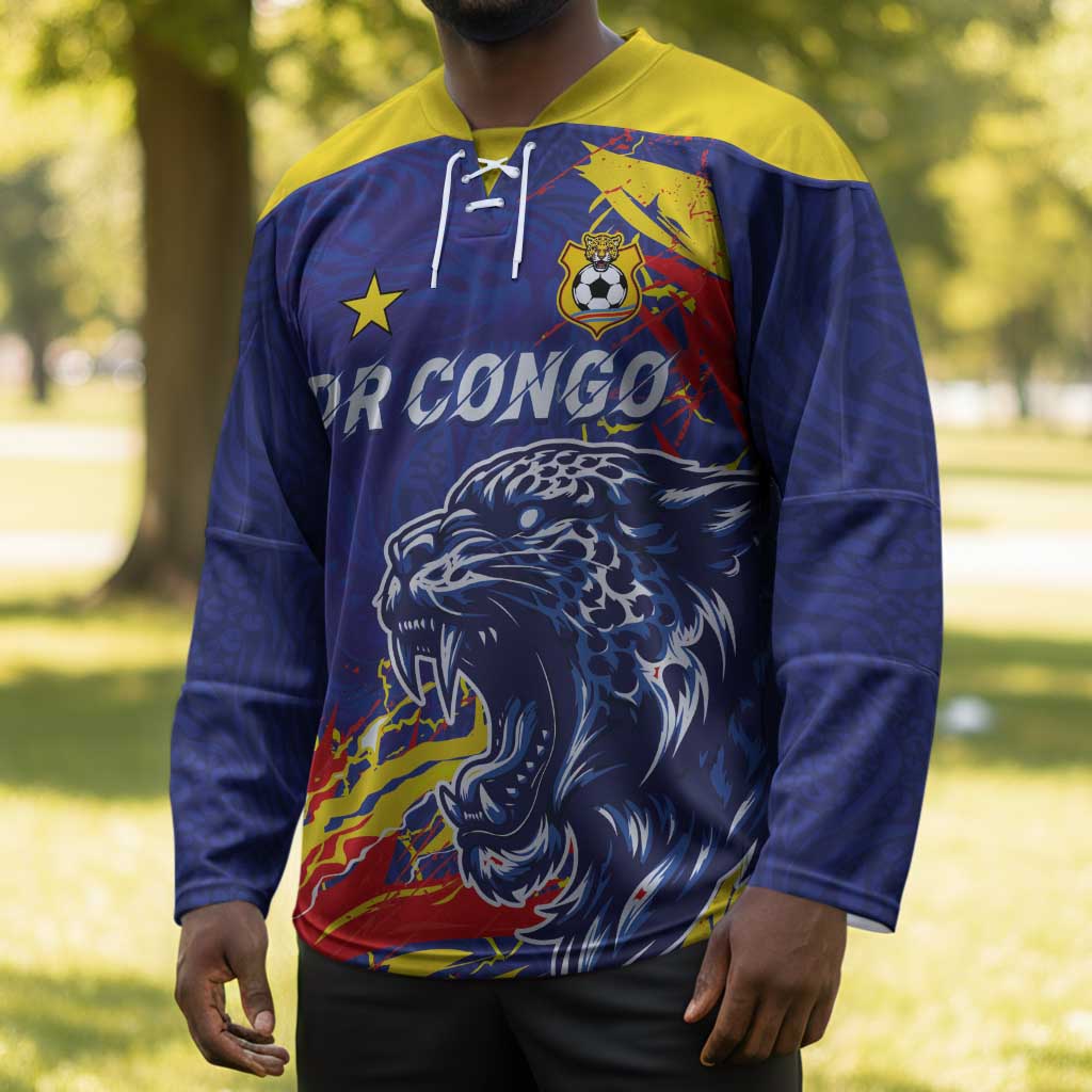 Custom DR Congo Football Leopard Mascot Hockey Jersey Fierce Leopard Art National Flag Colors