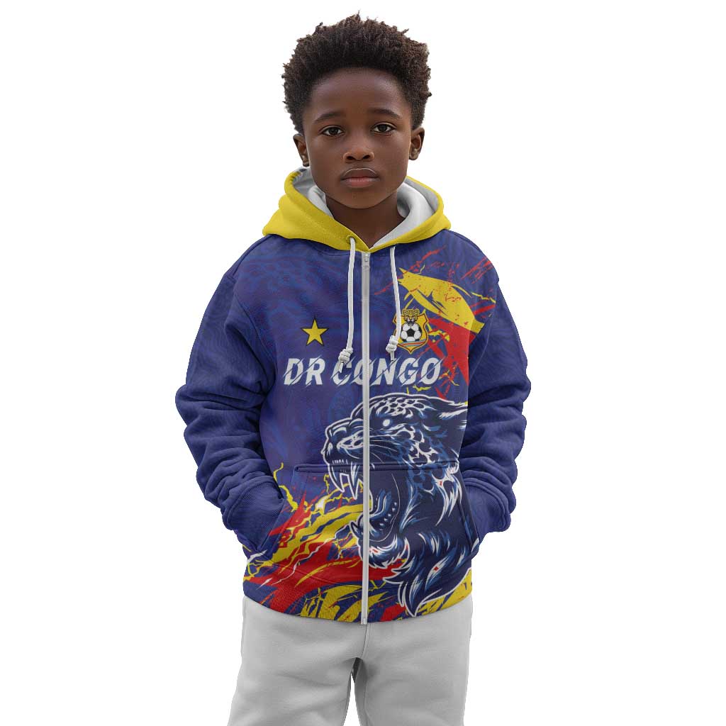 Custom DR Congo Football Leopard Mascot Kid Hoodie Fierce Leopard Art National Flag Colors